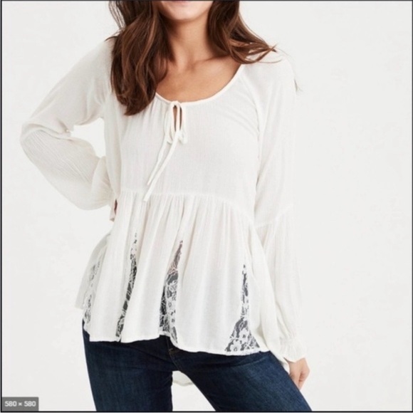 American Eagle Outfitters Tops - American Eagle Boho Peasant Blouse Cottagecore Lace Tiered Top L Romantic